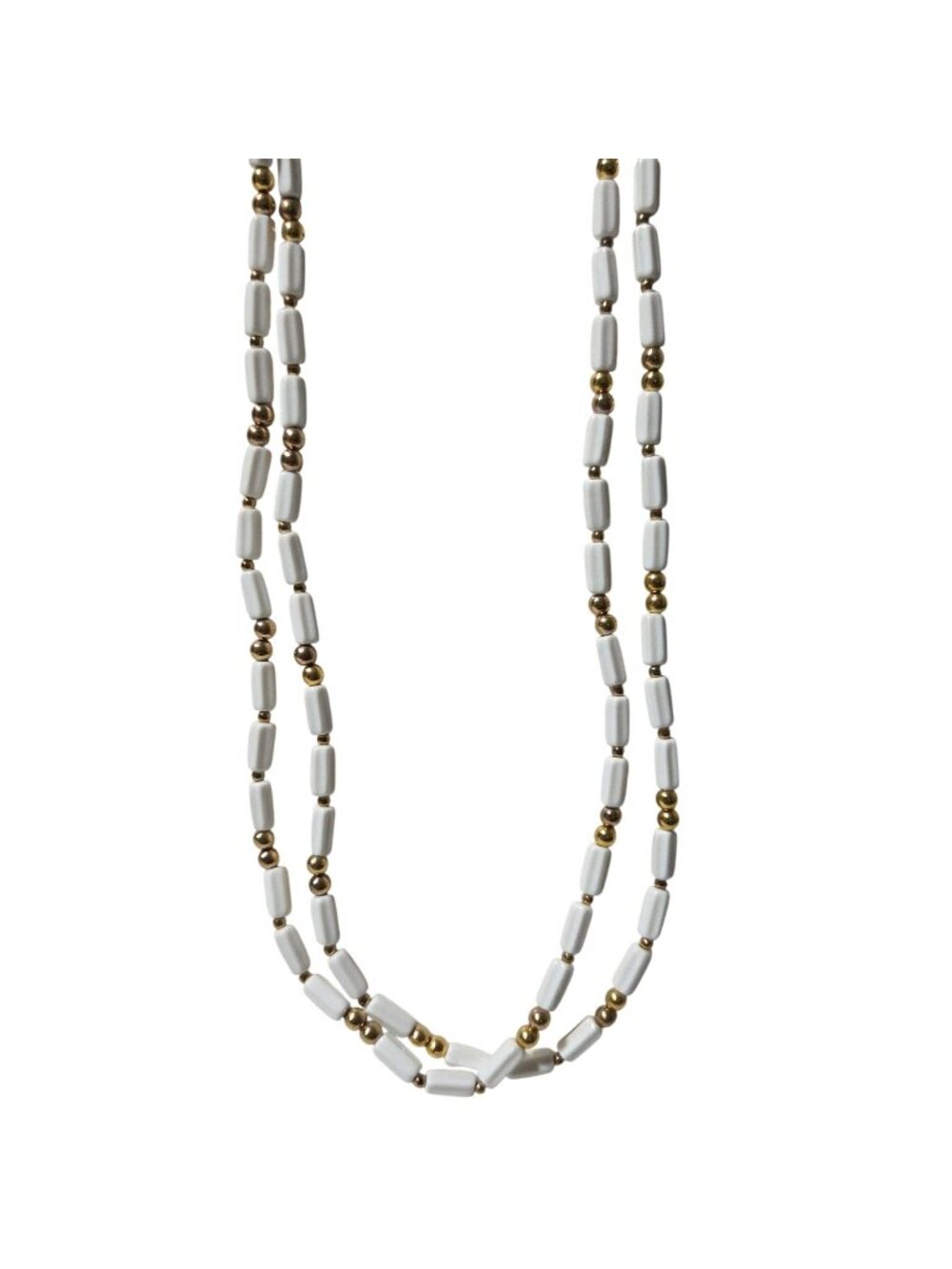 Vintage Trifari Beaded Necklace Signed Double Strand White Gold Beads Jewelry